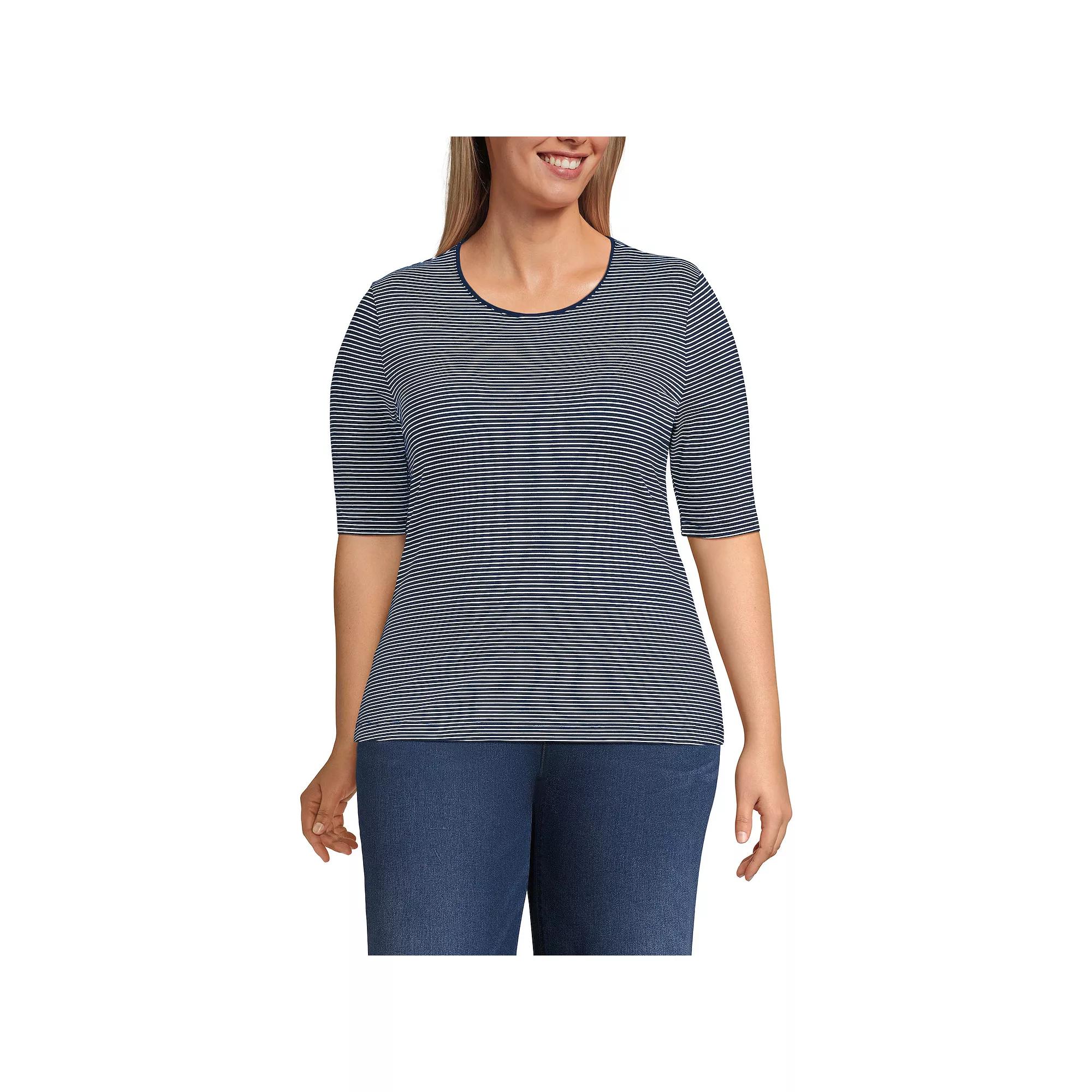 Plus Size Lands' End Elbow Sleeve Jersey Crewneck Top, Women's, Size: 1XL, White Green Stripe Product Image