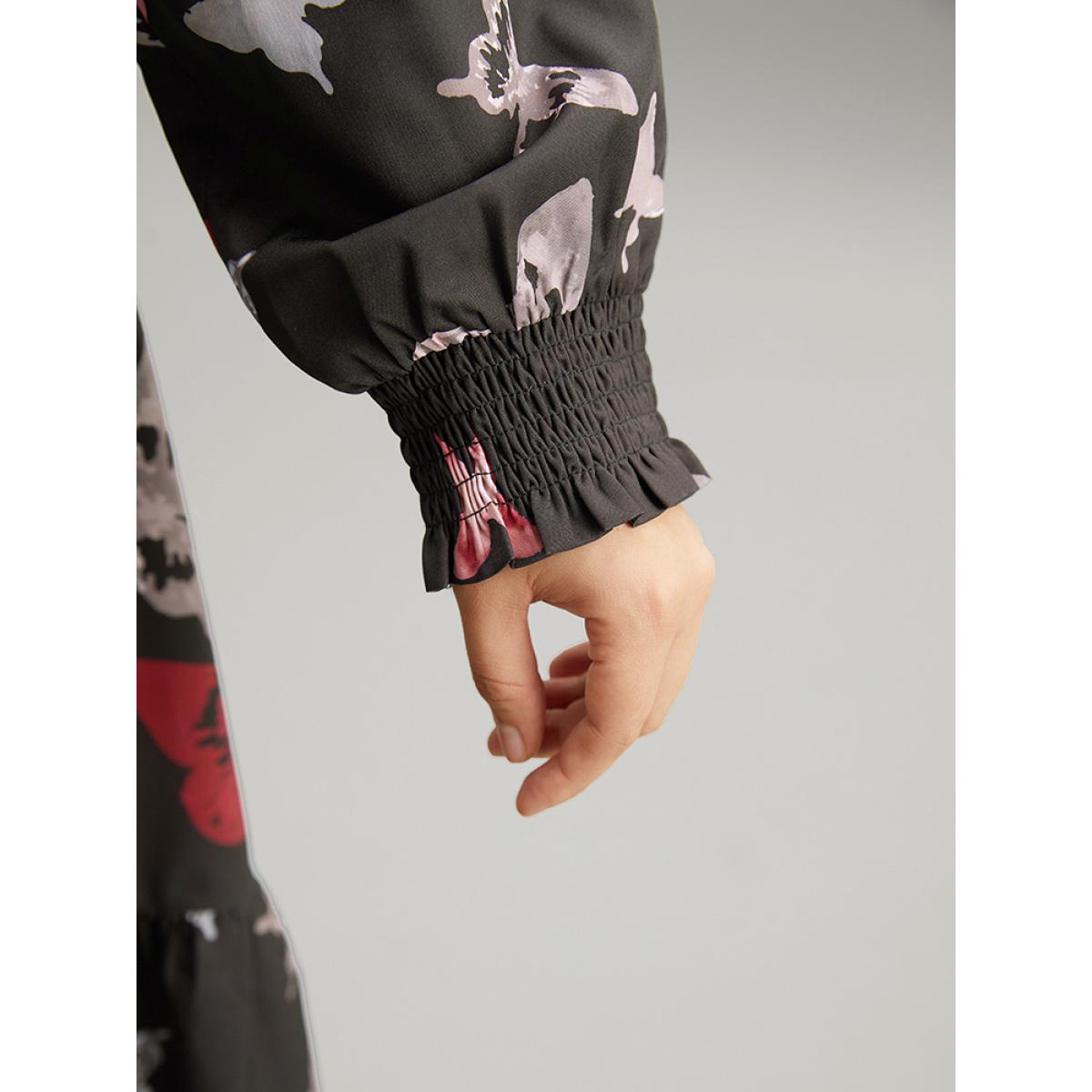 Plus Size Butterfly Print Shirred Belted Layered Dress Black Women Elegant Belted V-neck Long Sleeve Curvy Midi Dress BloomChic 22-24/3X Product Image