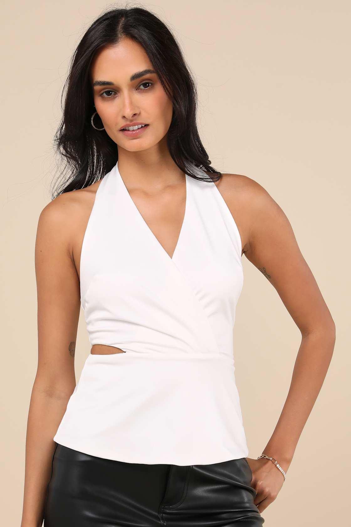 Poised Expert White Halter Cutout Peplum Top Product Image
