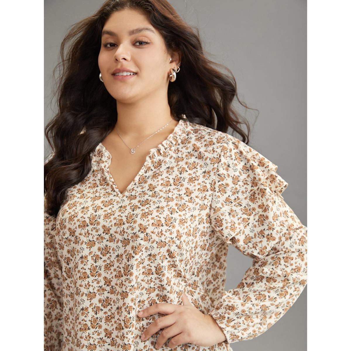 Plus Size Apricot Ditsy Floral Notched Tiered Ruffles Lantern Sleeve Blouse Women Elegant Long Sleeve Notched collar Dailywear Blouses BloomChic 18-20/2X Product Image
