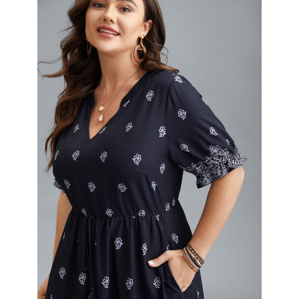 Plus Size Floral Waist-Tie Notched Collar Midi Dress Indigo Women Boho Ruffles Notched collar Half Sleeve Curvy BloomChic 18-20/2X Product Image