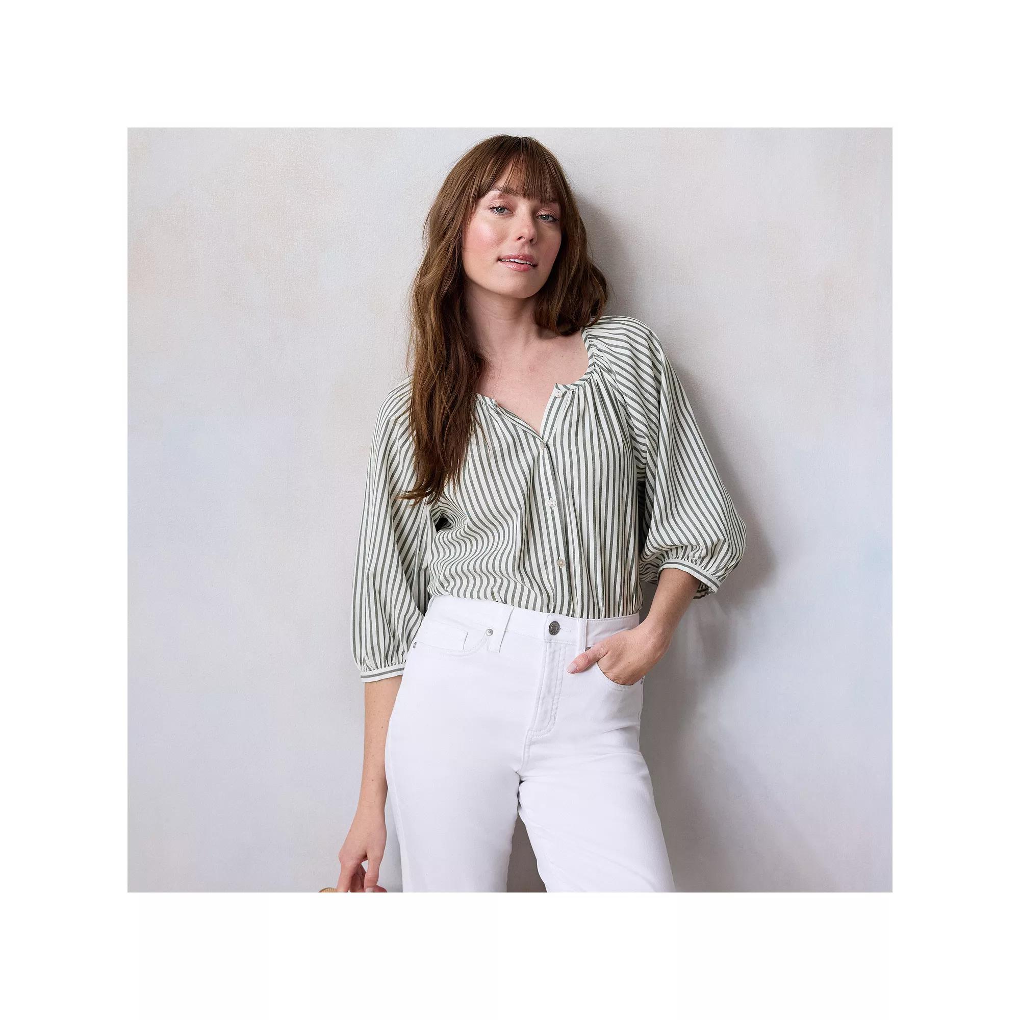 Women's LC Lauren Conrad Raglan Sleeve Button Front Top, Size: XS, Aspen Picnic Stripe Product Image