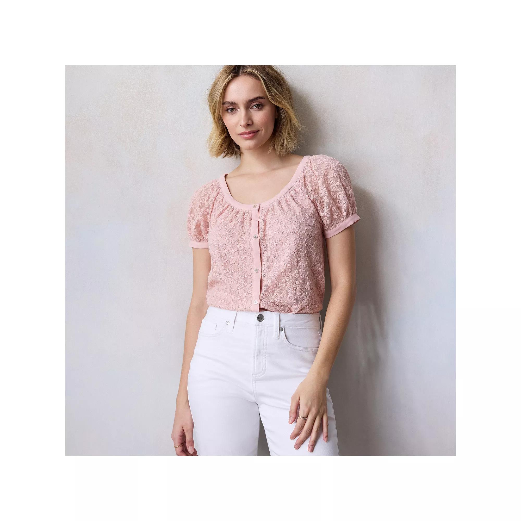 Women's LC Lauren Conrad Puff Sleeve Lace Blouse, Size: XXL, Pink Rhinestone Product Image