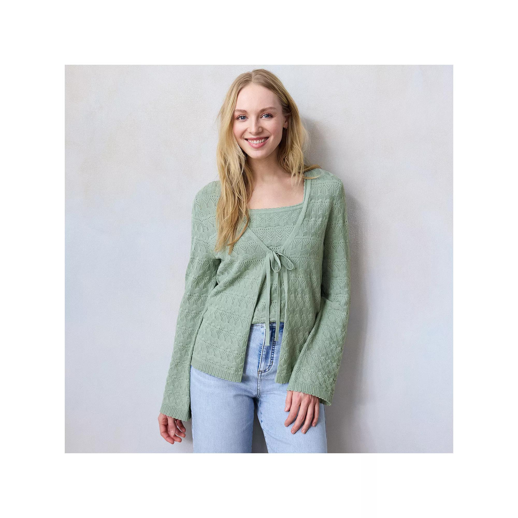Petite LC Lauren Conrad V-Neck Pointelle Cardigan, Women's, Size: Small Petite, Valor Green Product Image