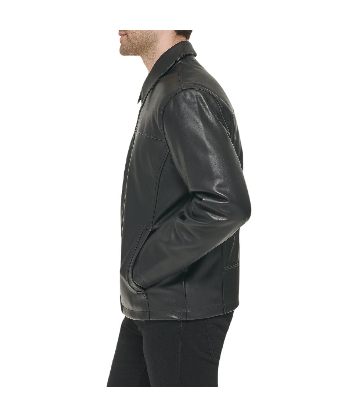 Mens Faux Leather Collared Jacket Black Product Image
