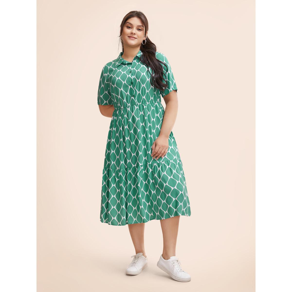 Plus Size Geometric Tiered Elastic Waist Midi Shirt Dress Malachitegreen Women Casual Gathered Shirt collar Short sleeve Curvy BloomChic 14-16/1X Product Image