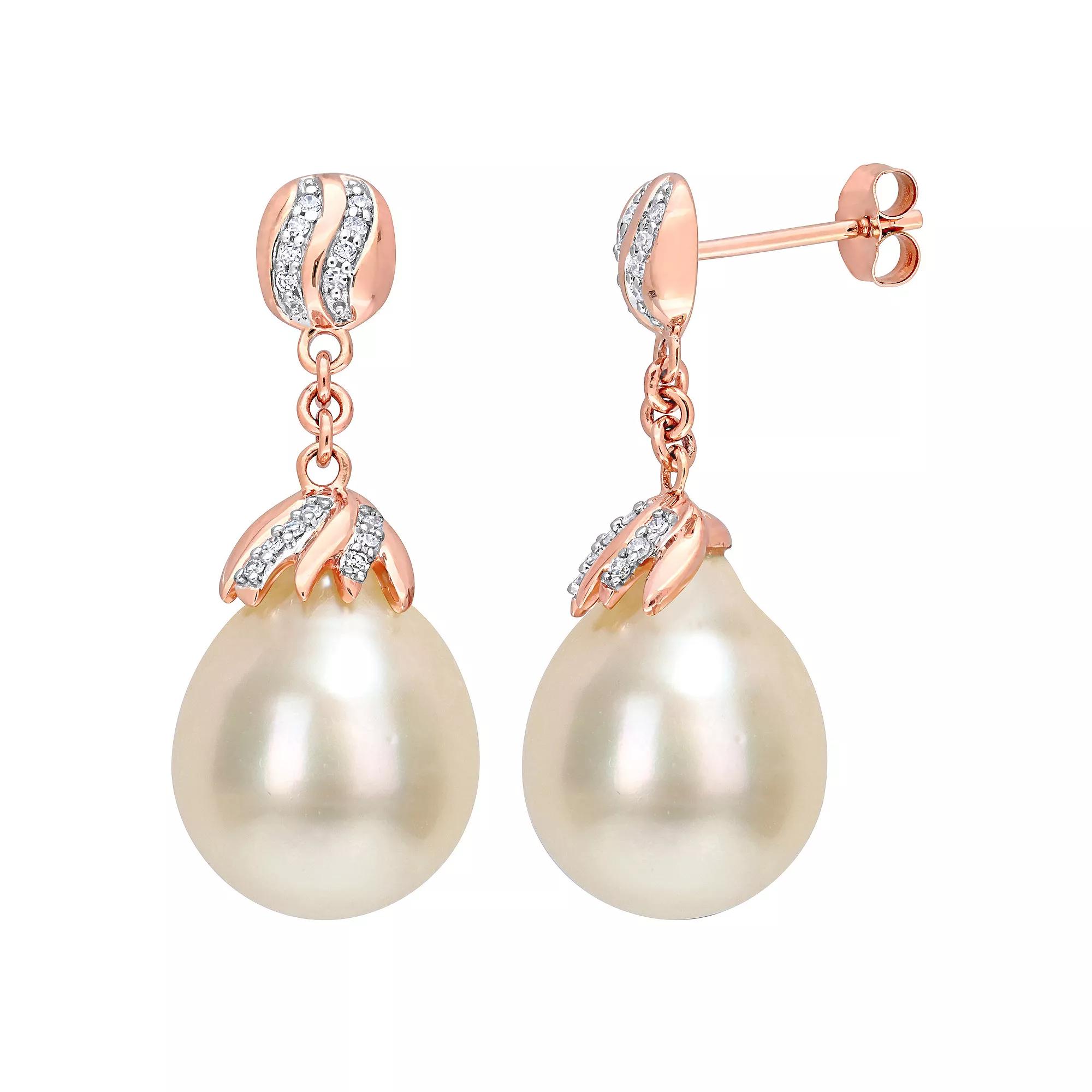 Stella Grace 14k Rose Gold South Sea Cultured Pearl & 1/7 Carat T.W. Diamond Drop Earrings, Women's Product Image