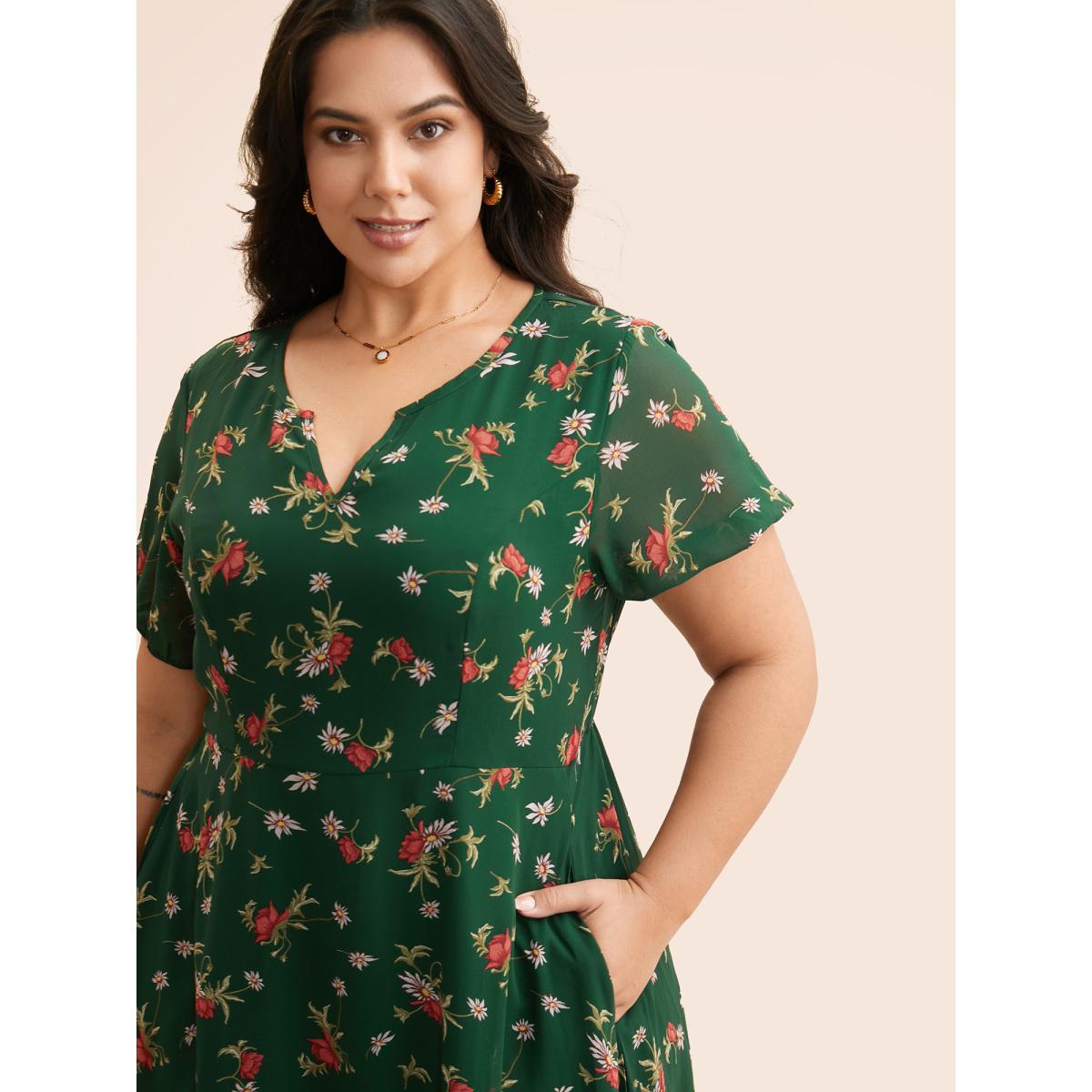 Plus Size Floral Notched Chiffon Mesh Midi Dress DarkGreen Women Timeless See through Notched collar Short sleeve Curvy BloomChic 22-24/3X Product Image