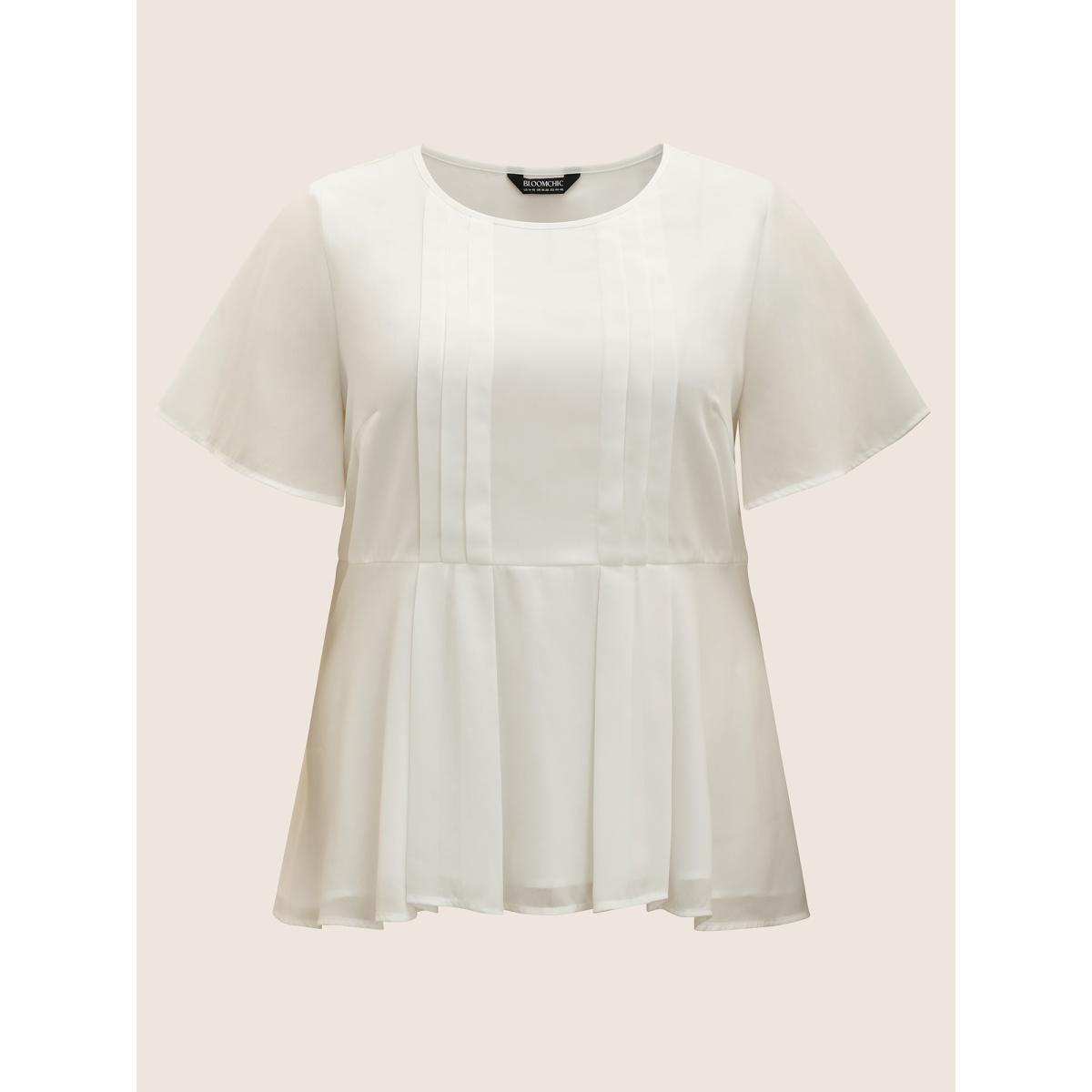 Plus Size Ivory Tiered Mesh Pleated Ruffle Sleeve Blouse Women At the Office Short sleeve Round Neck Work Blouses BloomChic 12/L Product Image