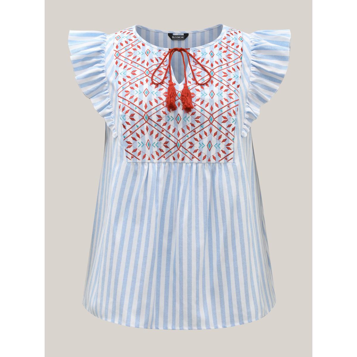 Plus Size Skyblue Embroidered Stripe Neck Tie Blouse Women Boho Cap Sleeve Notched collar Vacation Blouses BloomChic 22-24/3X Product Image