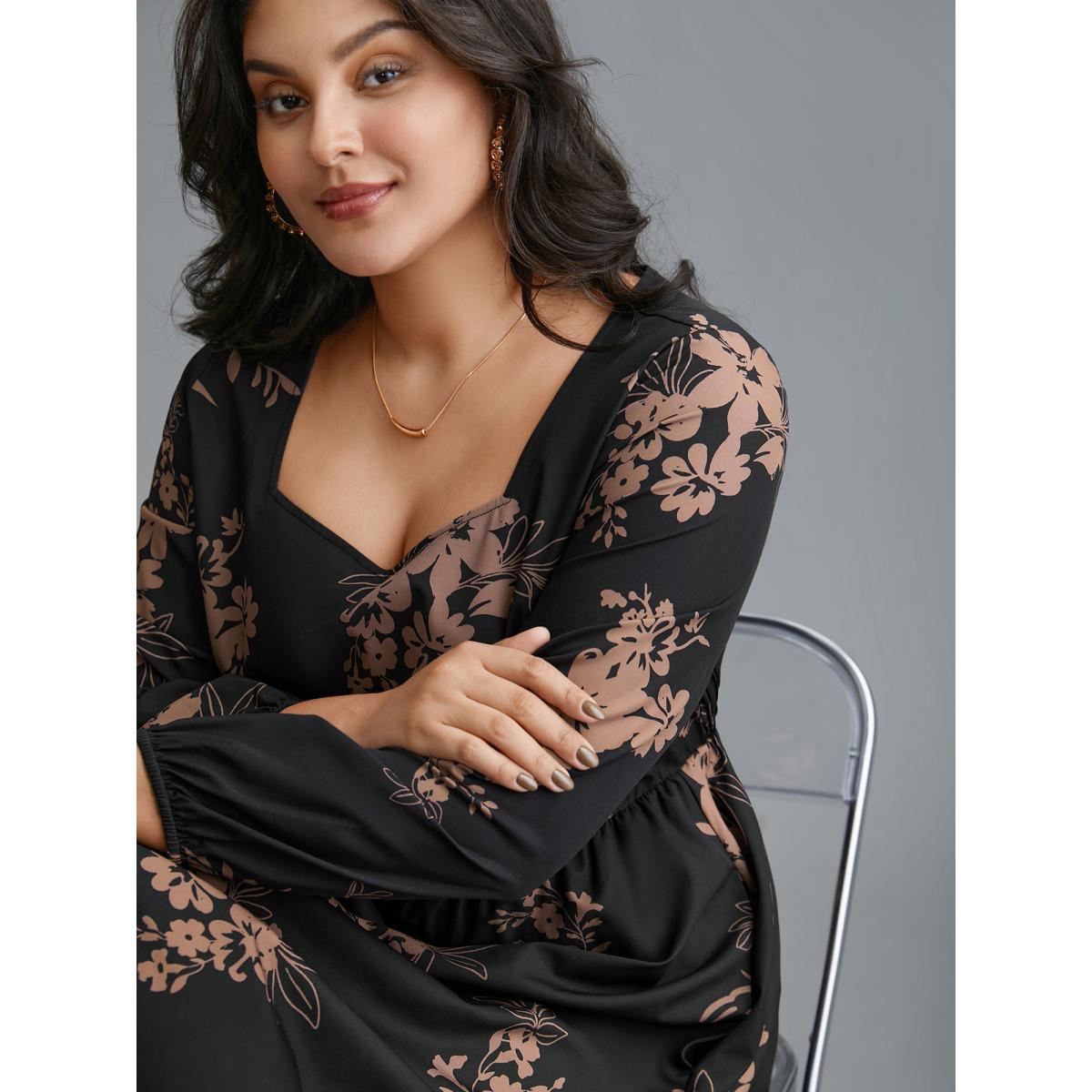Plus Size Floral Square Neck Pocket Midi Dress Black Women Elegant Non Square Neck Long Sleeve Curvy BloomChic 18-20/2X Product Image