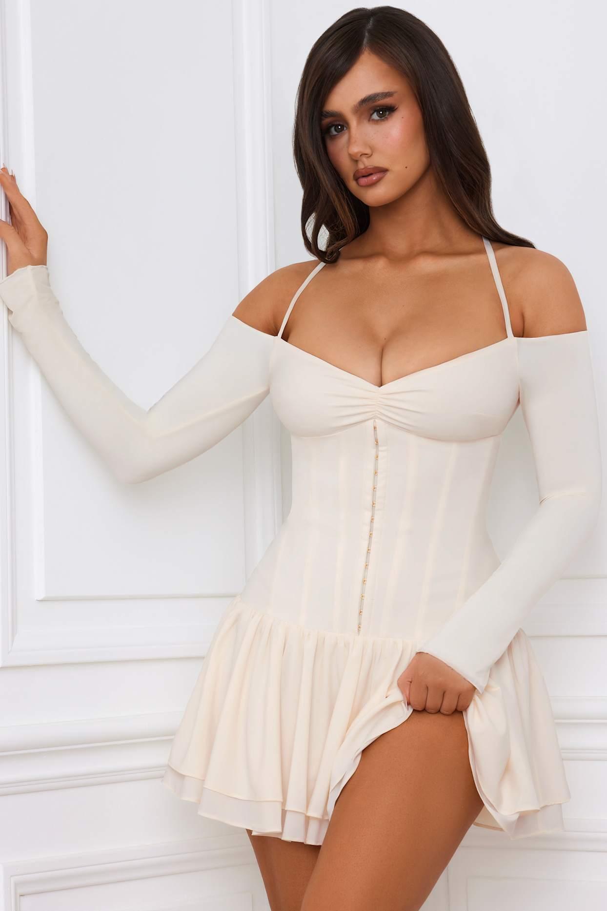 Off-Shoulder Tiered Corset Mini Dress in Ivory Product Image