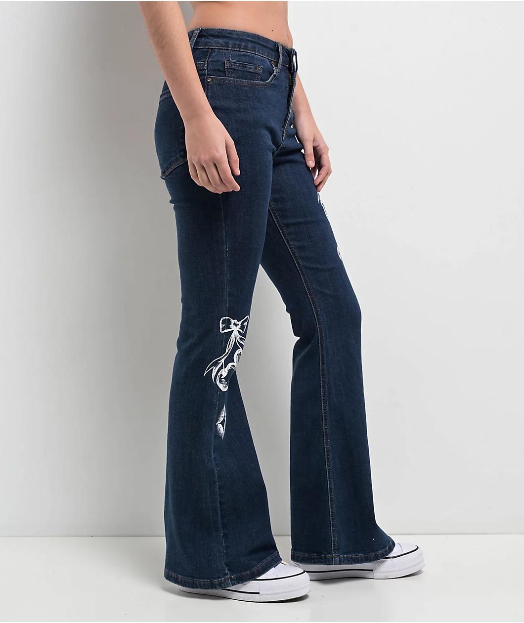 Empyre Glimmer Evening Dark Blue Mid Rise Flare Jeans Product Image