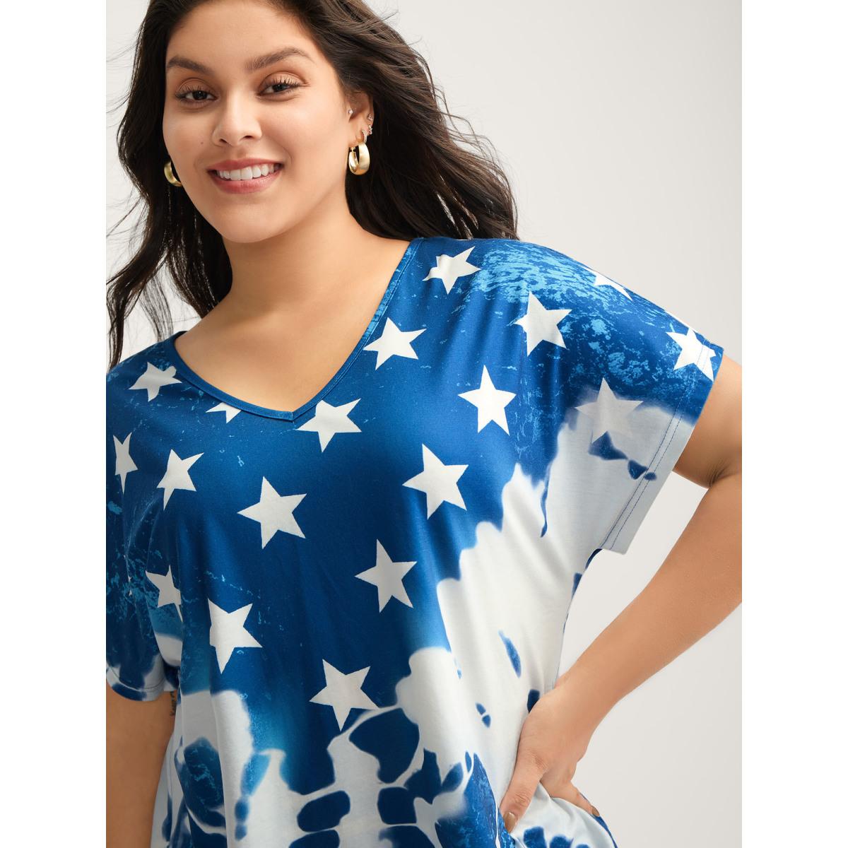 Plus Size Tie-Dye Star Print T-Shirt Mediumblue Women Contrast Country V-neck Everyday-Casual T-shirts BloomChic 10/M Product Image
