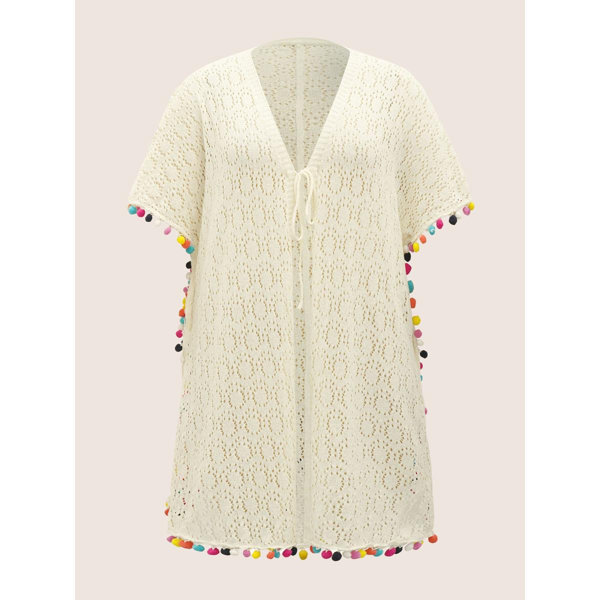 Plus Size Colored Fluffy Ball Trim Tie Knot Swim Cover Up Women's Swimwear Ivory Beach Loose Tie knot Curve Swim Cover Ups BloomChic 18-20/2X Product Image
