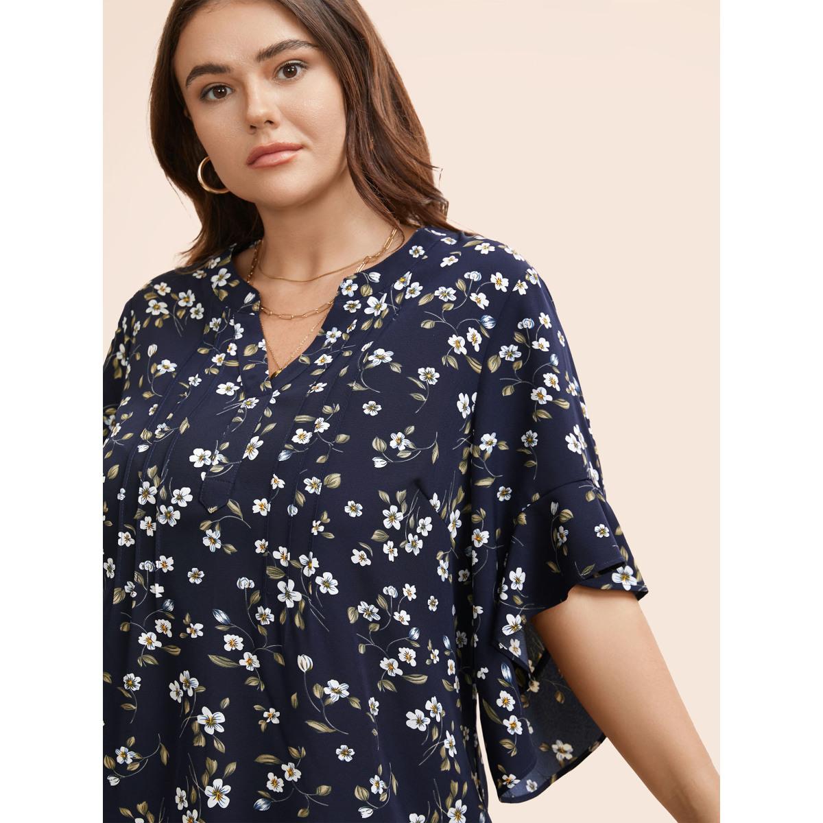 Plus Size Indigo Notched Floral Pleated Ruffle Sleeve Blouse Women Elegant Half Sleeve Flat collar with V-notch Everyday Blouses BloomChic 12/L Product Image
