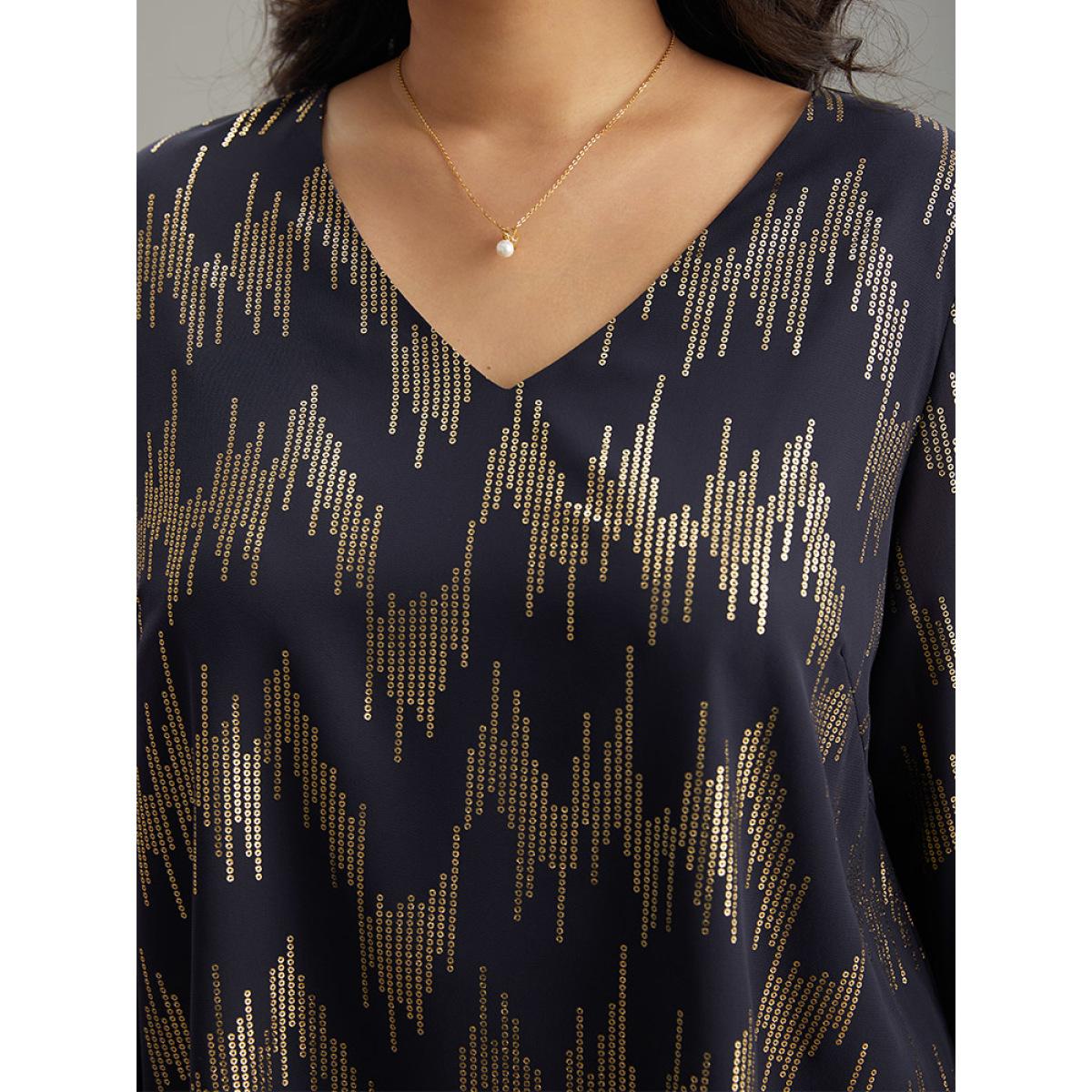 Plus Size Indigo Glitter V Neck Shirred Lantern Sleeve Blouse Women Glamour Long Sleeve V-neck Going out Blouses BloomChic 12/L Product Image