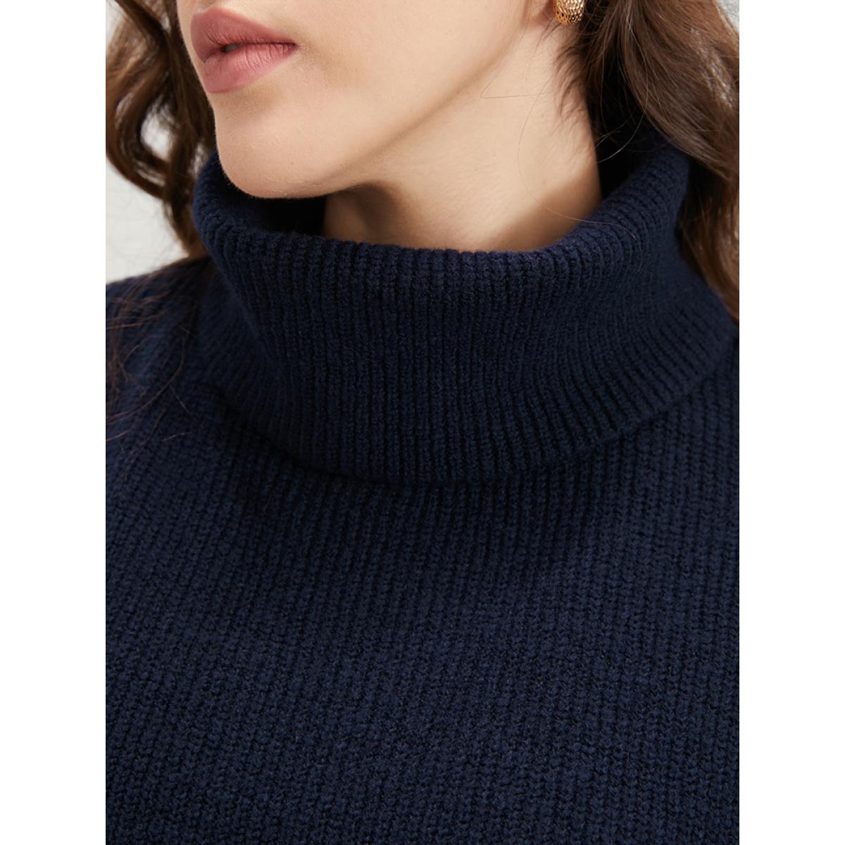 Plus Size Solid Rib Knit Lantern Sleeve Funnel Neck Sweater Midnight Women Elegant Loose Long Sleeve Turtleneck Dailywear Pullovers BloomChic 18-20/2X Product Image
