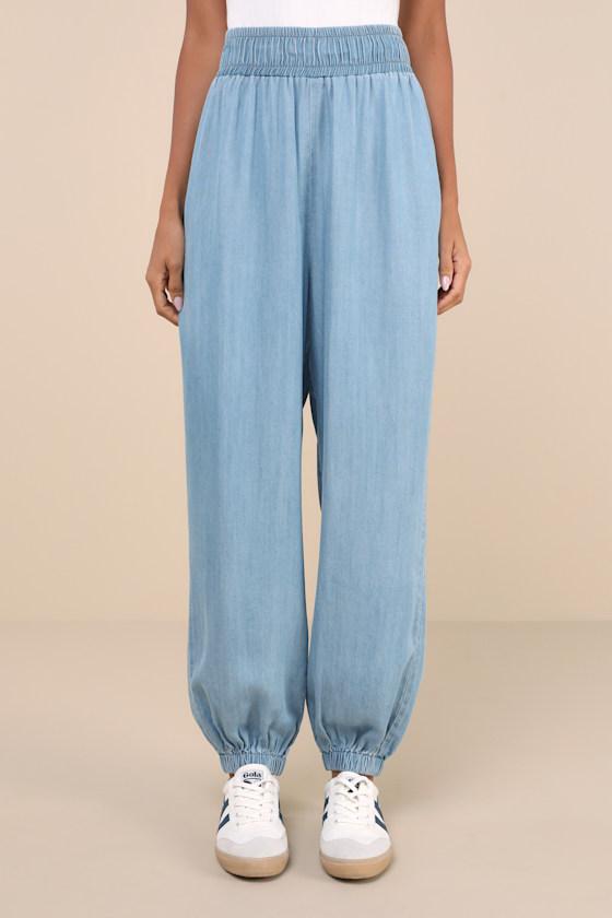 Breezy Feeling Light Blue Chambray High-Rise Jogger Pants Product Image