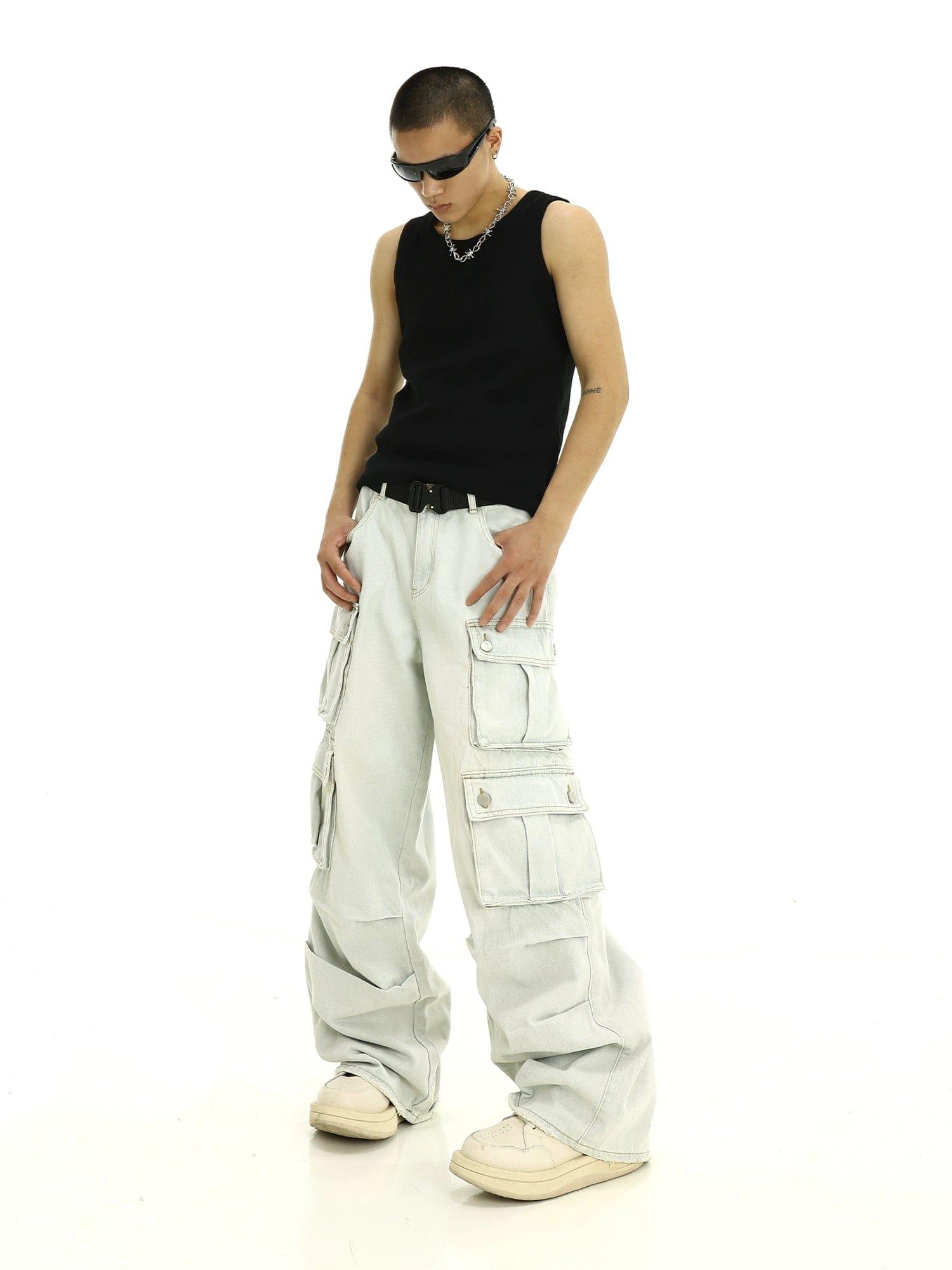 RT No. 10262 CREAM BLUE MULTI POCKET CARGO PANTS Product Image