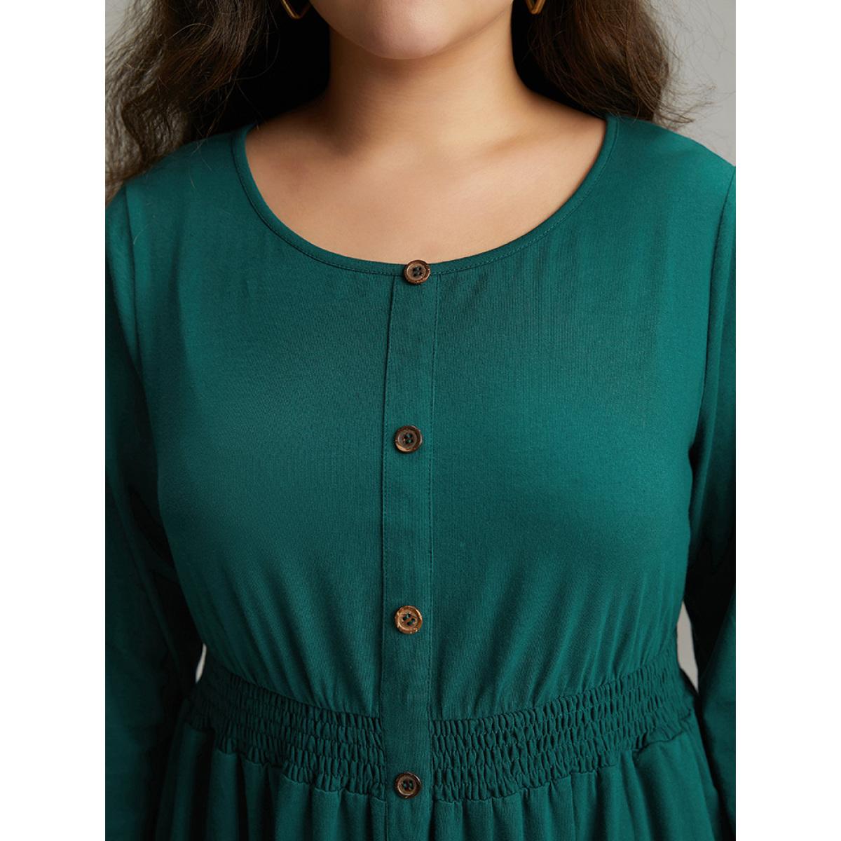 Plus Size Cotton Shirred Button Detail Dress Cyan Women Casual Elastic cuffs Round Neck Long Sleeve Curvy Midi Dress BloomChic 14-16/1X Product Image