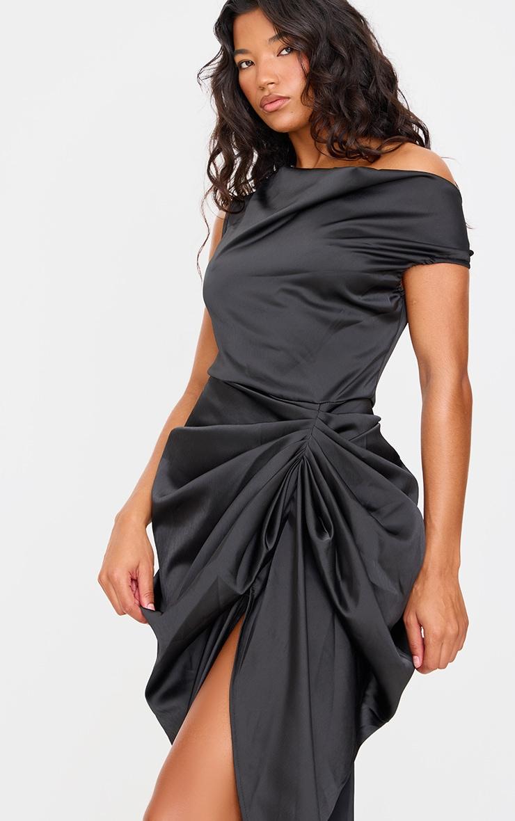 Black Satin Off The Shoulder Draped Skirt Midi Dress Product Image