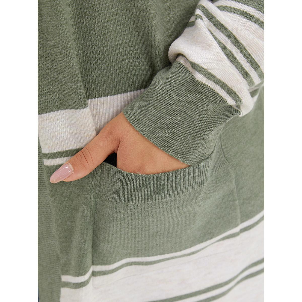Plus Size Striped Patchwork Open Front Pocket Cardigan Green Women Casual Long Sleeve Everyday Cardigans BloomChic 22-24/3X Product Image