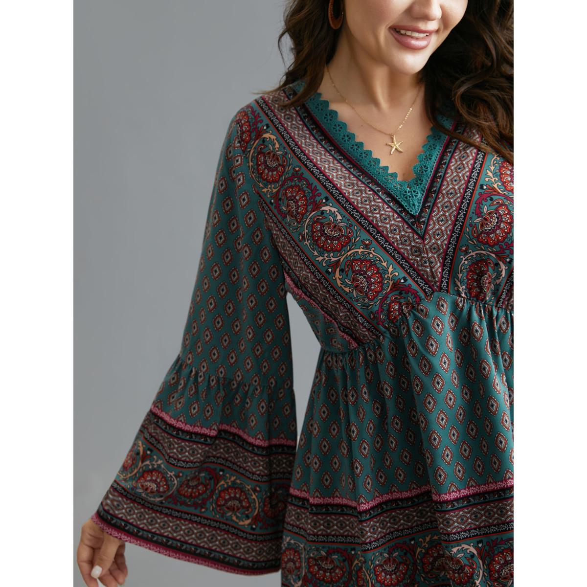 Plus Size DarkSlateGray Boho Print Lace Trim V-Neck Ruffle Sleeve Blouse Women Resort Long Sleeve V-neck Vacation Blouses BloomChic 28/5X Product Image