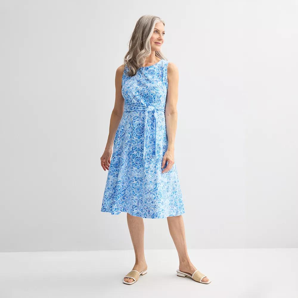 Petite Croft & Barrow® Belted Fit and Flare Dress, Women's, Size: Small Petite, Blue Watercolor Tile Product Image