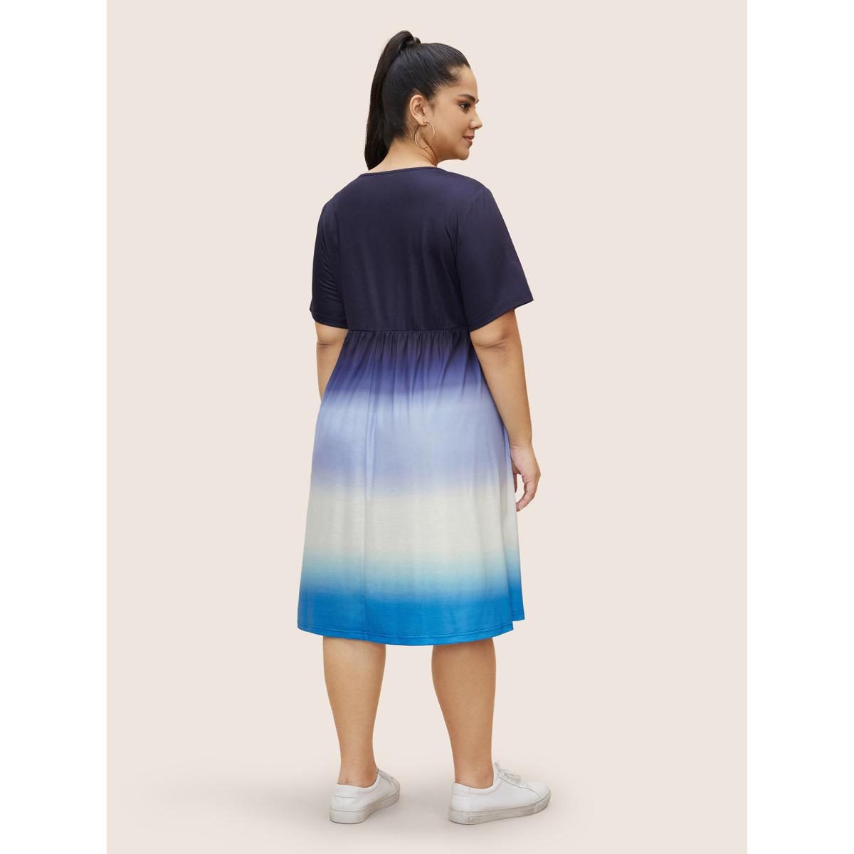 Plus Size Ombre Tie Dye Round Neck Gathered Dress Blue Women Casual Pleated Round Neck Short sleeve Curvy BloomChic 14-16/1X Product Image