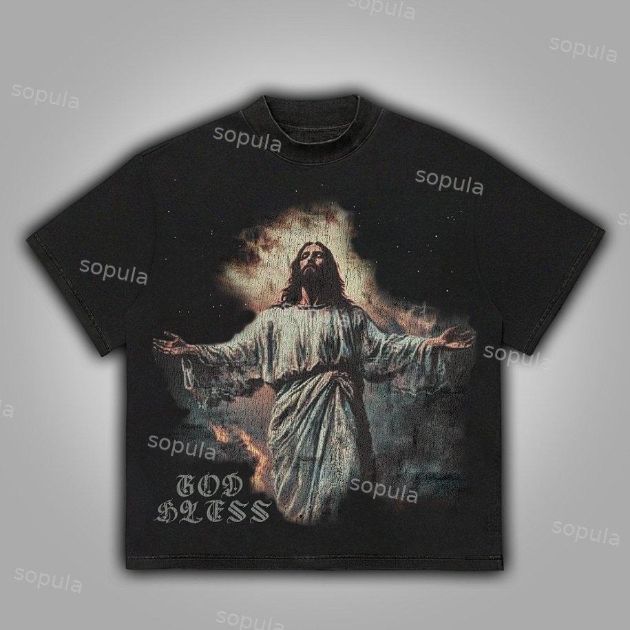Sopula God Bless Faith Vintage Graphics Cotton T-Shirt Product Image