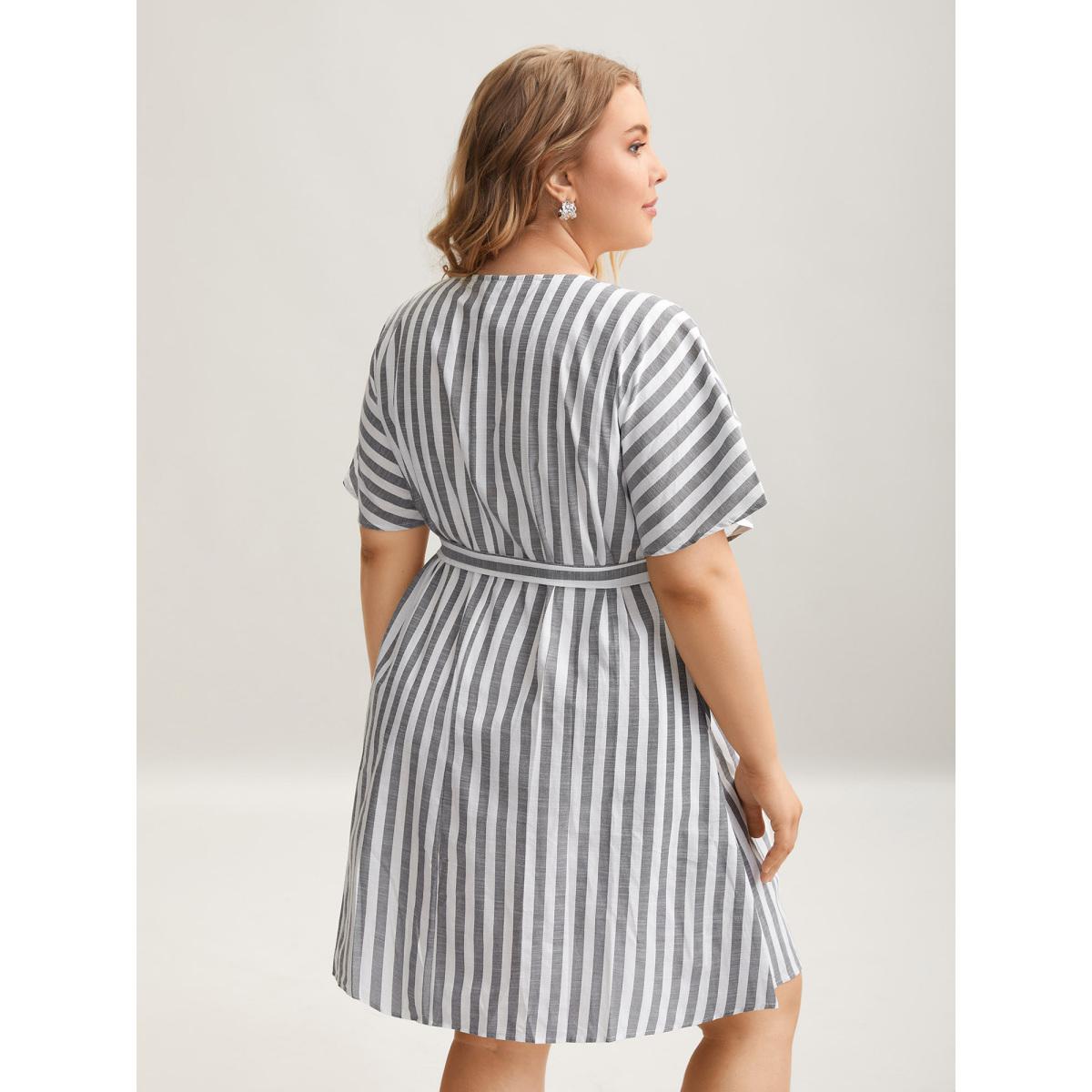 Plus Size Striped V Neck Button Belted Knee Dress Black Women Office Gathered V-neck Short sleeve Curvy BloomChic 14-16/1X Product Image