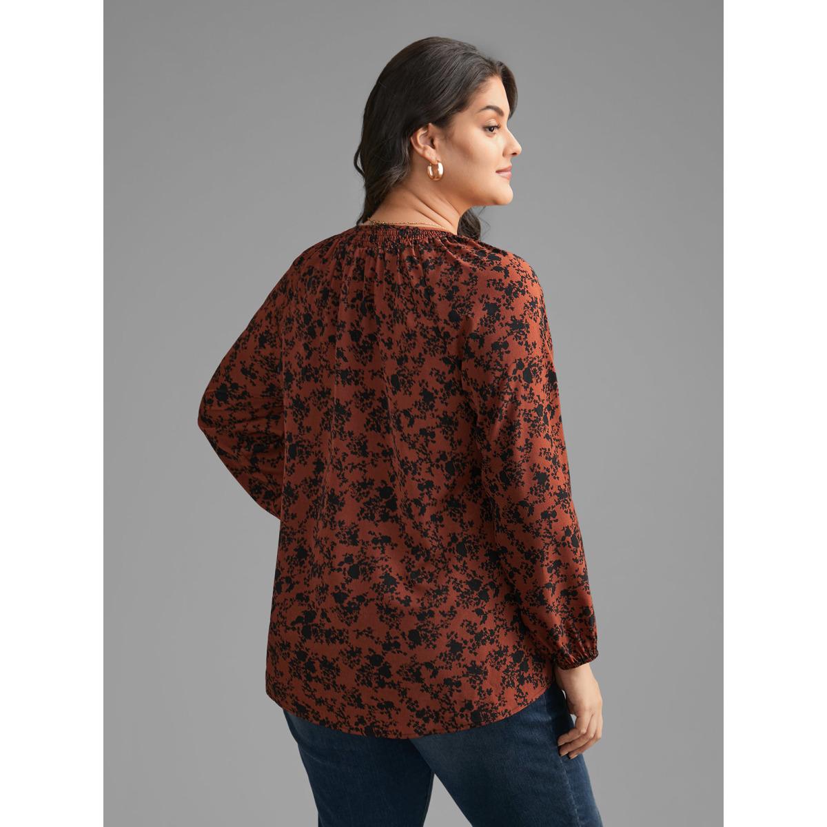 Plus Size Russet Silhouette Floral Print Shirred Gathered Blouse Women Elegant Long Sleeve Wrap collar Everyday Blouses BloomChic 28/5X Product Image