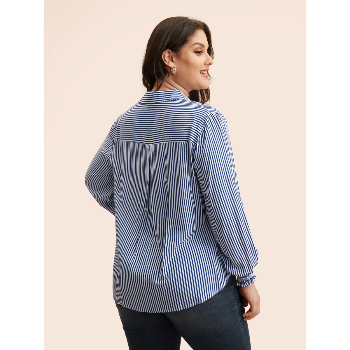 Plus Size Mediumblue Striped Shirt Collar Shirred Blouse Women Elegant Long Sleeve Shirt collar Everyday Blouses BloomChic 10/M Product Image