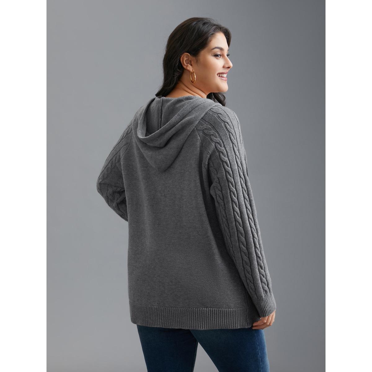 Plus Size Cable Knit Hooded Zipper Cardigan DimGray Women Leisure Loose Long Sleeve Casual Cardigans BloomChic 22-24/3X Product Image