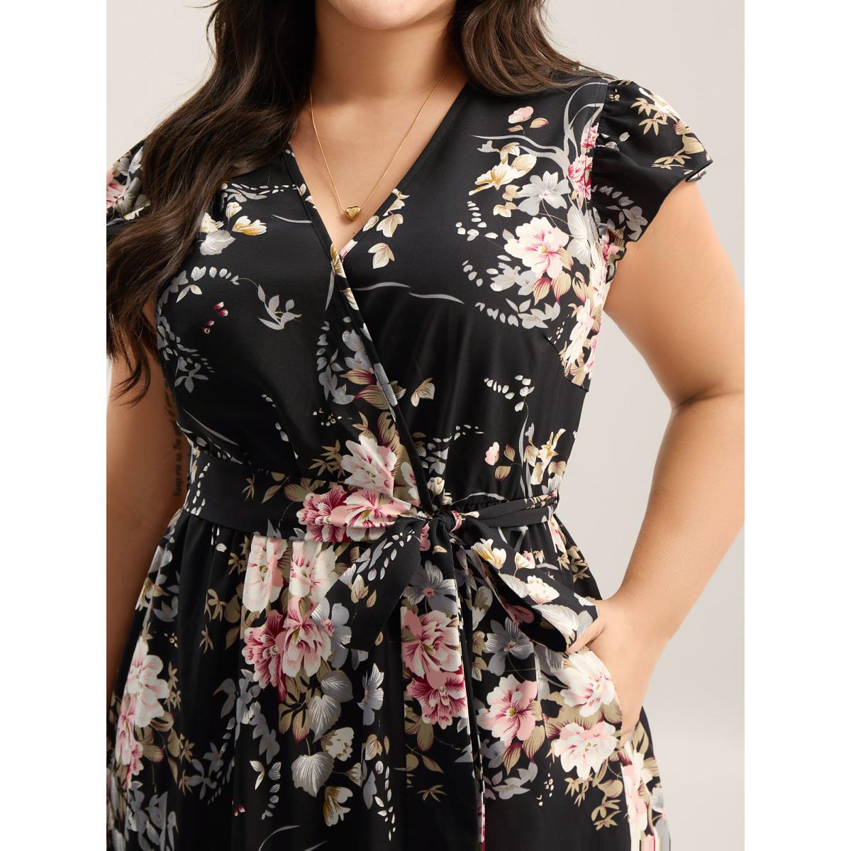 Plus Size Midnight Blooms Wrap A-Line Midi Dress Black Women Romantic Overlap Collar Cap Sleeve Curvy BloomChic 10/M Product Image