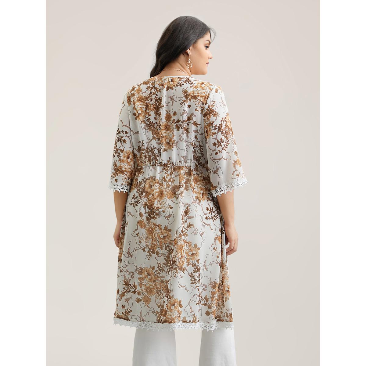 Plus Size Chiffon Floral Print Lace Open-Front Kimono Women Originalwhite Elegant Woven ribbon&lace trim Everyday Kimonos BloomChic 22-24/3X Product Image