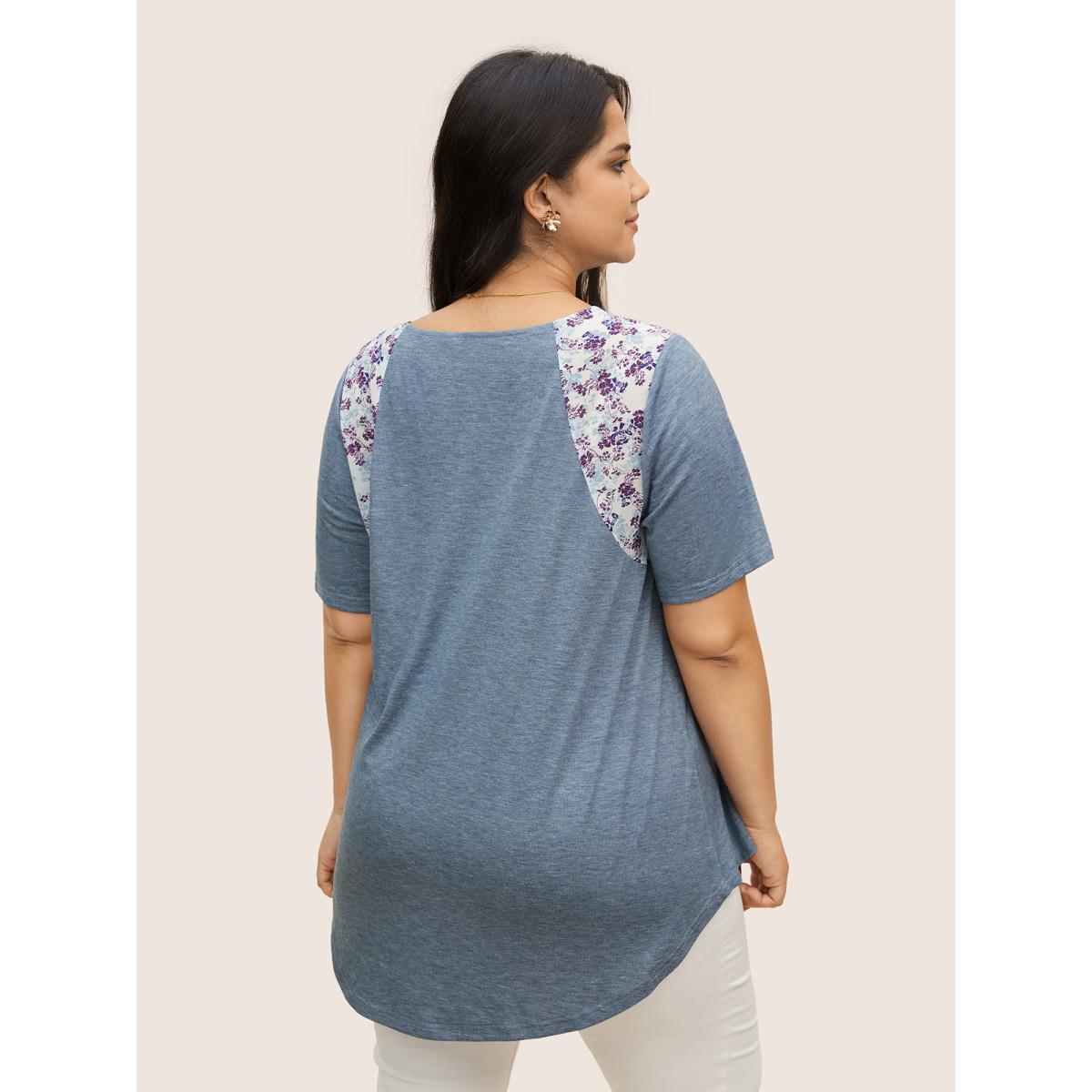 Plus Size Ditsy Floral Patchwork High Low Hem T-shirt Stone Women Elegant Non Natural Flowers Round Neck Everyday T-shirts BloomChic 14-16/1X Product Image