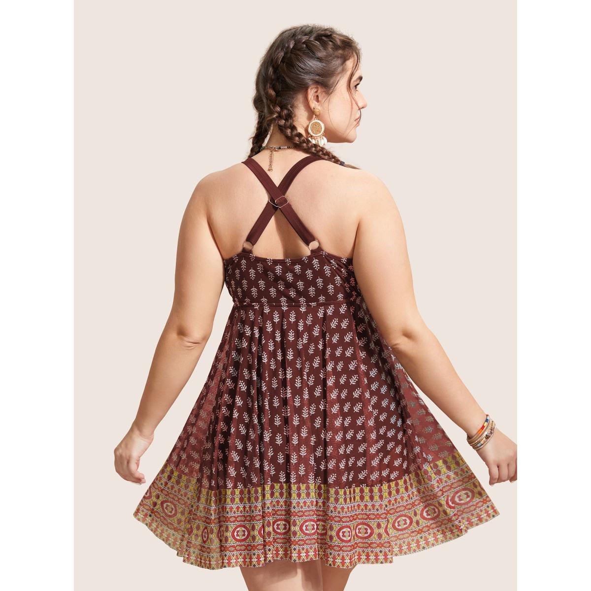 Plus Size Overlap Collar Boho Print Patchwork Swim Dress Women's Swimwear Deepred Beach Bodycon Overlap Collar High stretch Curve Swim Dresses BloomChic 28/5X Product Image