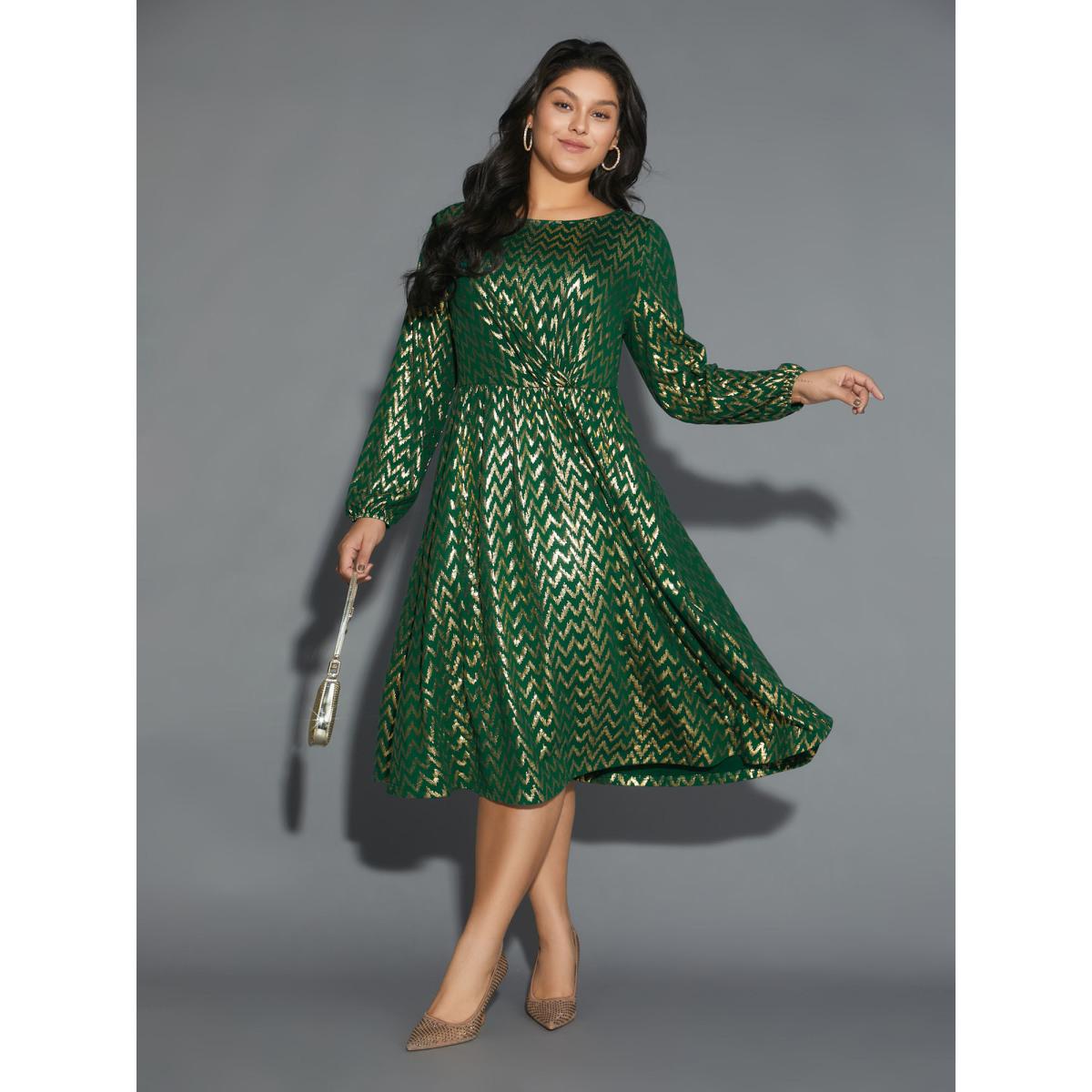 Plus Size Crew Neck Glitter Geometric Gathered Dress Emerald Women Cocktail Texture Round Neck Long Sleeve Curvy BloomChic 14-16/1X Product Image