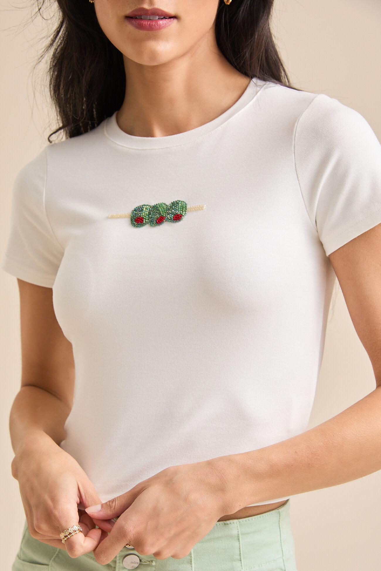 Olive Beaded Embroidery Tee Product Image