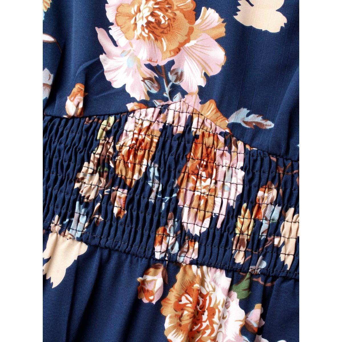 Plus Size Floral Shirred V-Neck Maxi Dress DarkBlue Women Elegant Shirred V-neck Long Sleeve Curvy BloomChic 28/5X Product Image