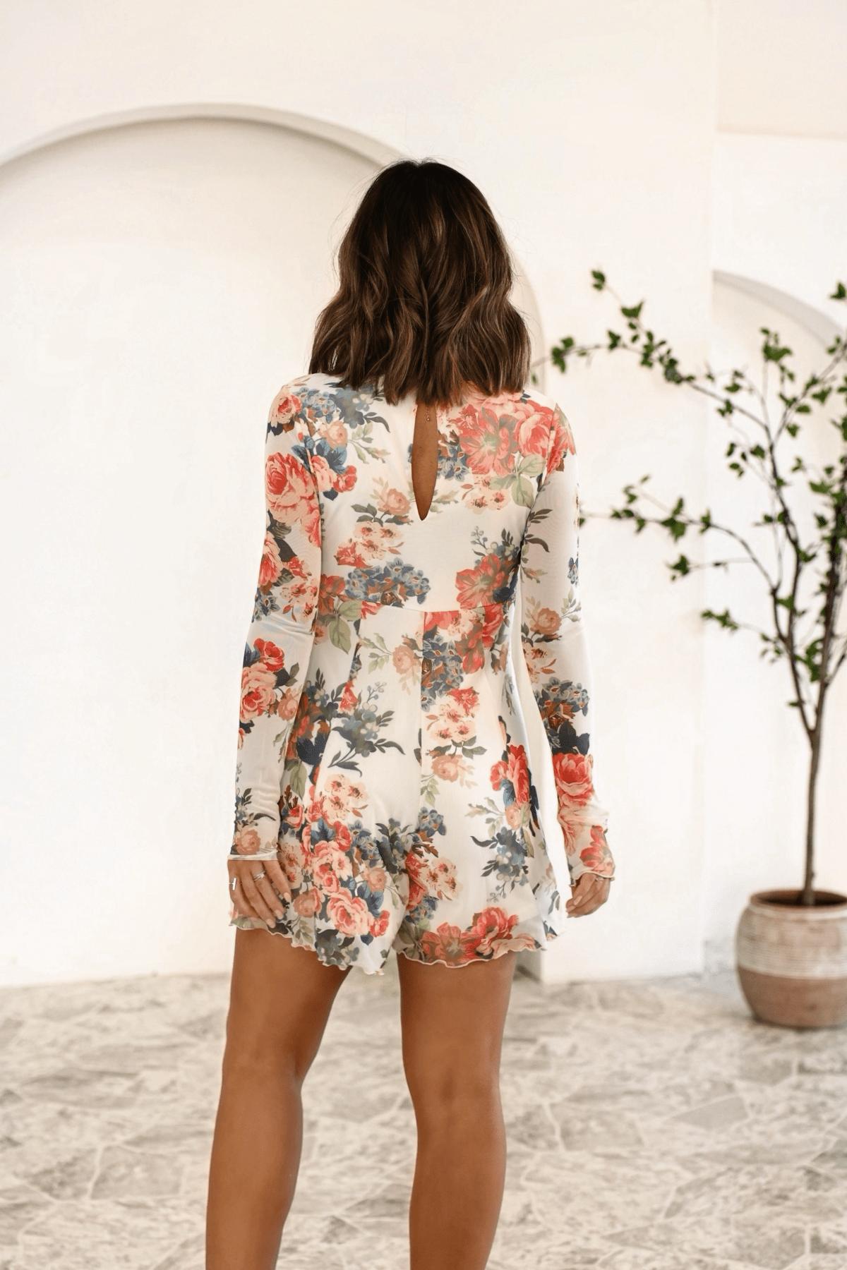 Cream Floral Print V Neck Romper - FINAL SALE Product Image