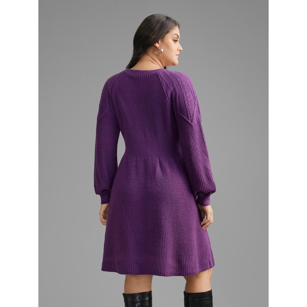Plus Size Cable Knit Texture Raglan Sleeve Pullover DarkViolet Women Elegant Bodycon Long Sleeve Everyday Sweater Dresses BloomChic 28/5X Product Image