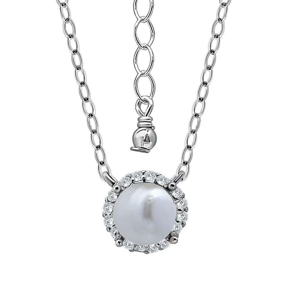 Aleure Precioso Sterling Silver Freshwater Cultured Pearl & Cubic Zirconia Halo Pendant Necklace, Women's, Silver Tone Product Image