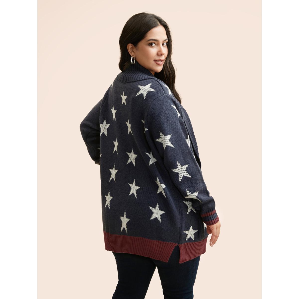 Plus Size Star Contrast Patched Pocket Cardigan Indigo Women Casual Loose Long Sleeve Everyday Cardigans BloomChic 18-20/2X Product Image