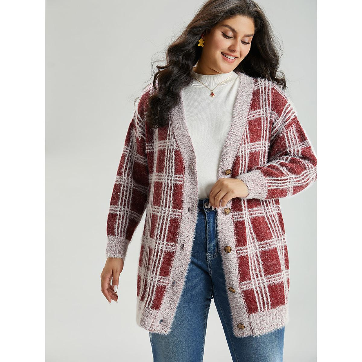 Plus Size Plaid Fuzzy Heather Button Fly Tunic Cardigan Burgundy Women Casual Loose Long Sleeve Festival-Christmas Cardigans BloomChic 22-24/3X Product Image