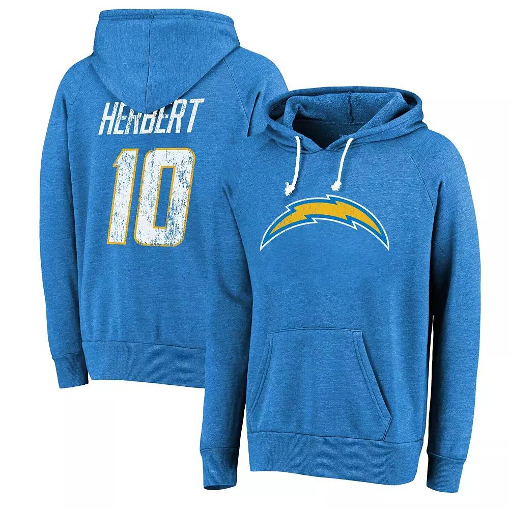 Men's Majestic Threads Justin Herbert Powder Blue Los Angeles Chargers Name & Number Tri-Blend Pullover Hoodie,  Product Image