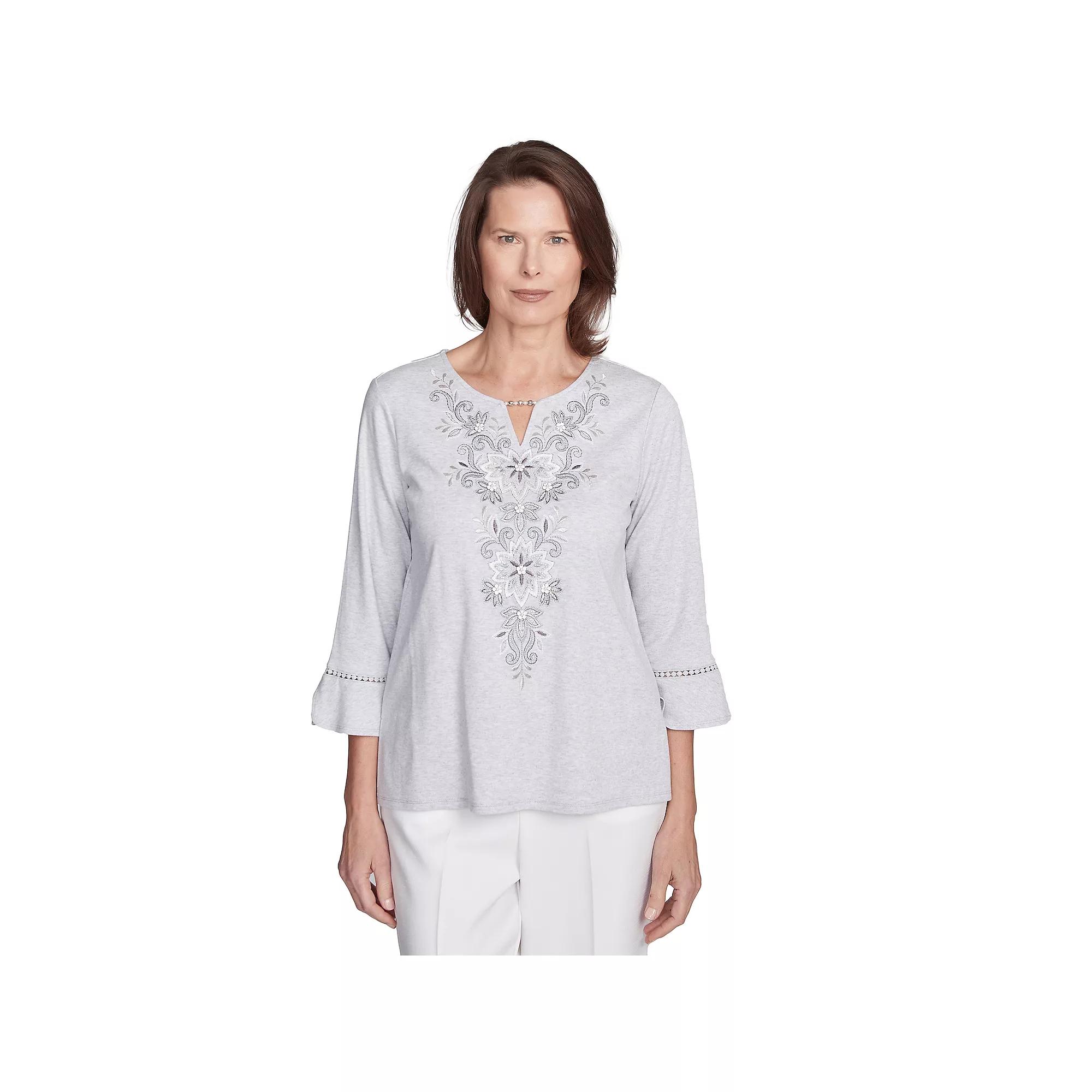 Petite Alfred Dunner Embroidered Scroll Bell Sleeve Top, Women's,  Product Image