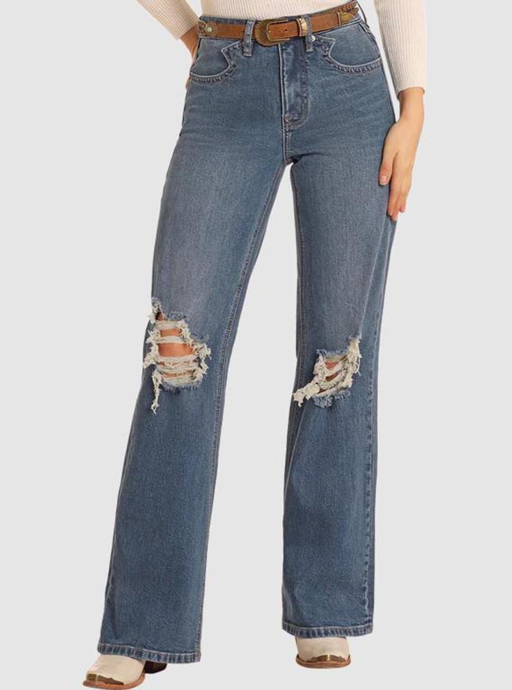 SALE Rock & Roll Denim® Ladies' Med Wash HR Distressed Relaxed Flare Jeans Product Image
